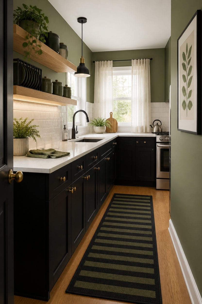 Stylish kitchen with black cabinets, open wooden shelves, and natural light.