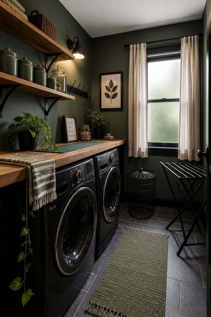 Cozy laundry room with washer, dryer, and storage shelves at Apartment ABC.