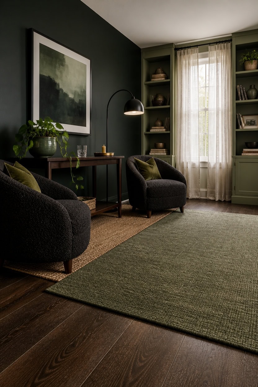 Elegant living room with dark green walls, black armchairs, and a large window with sheer curtains.