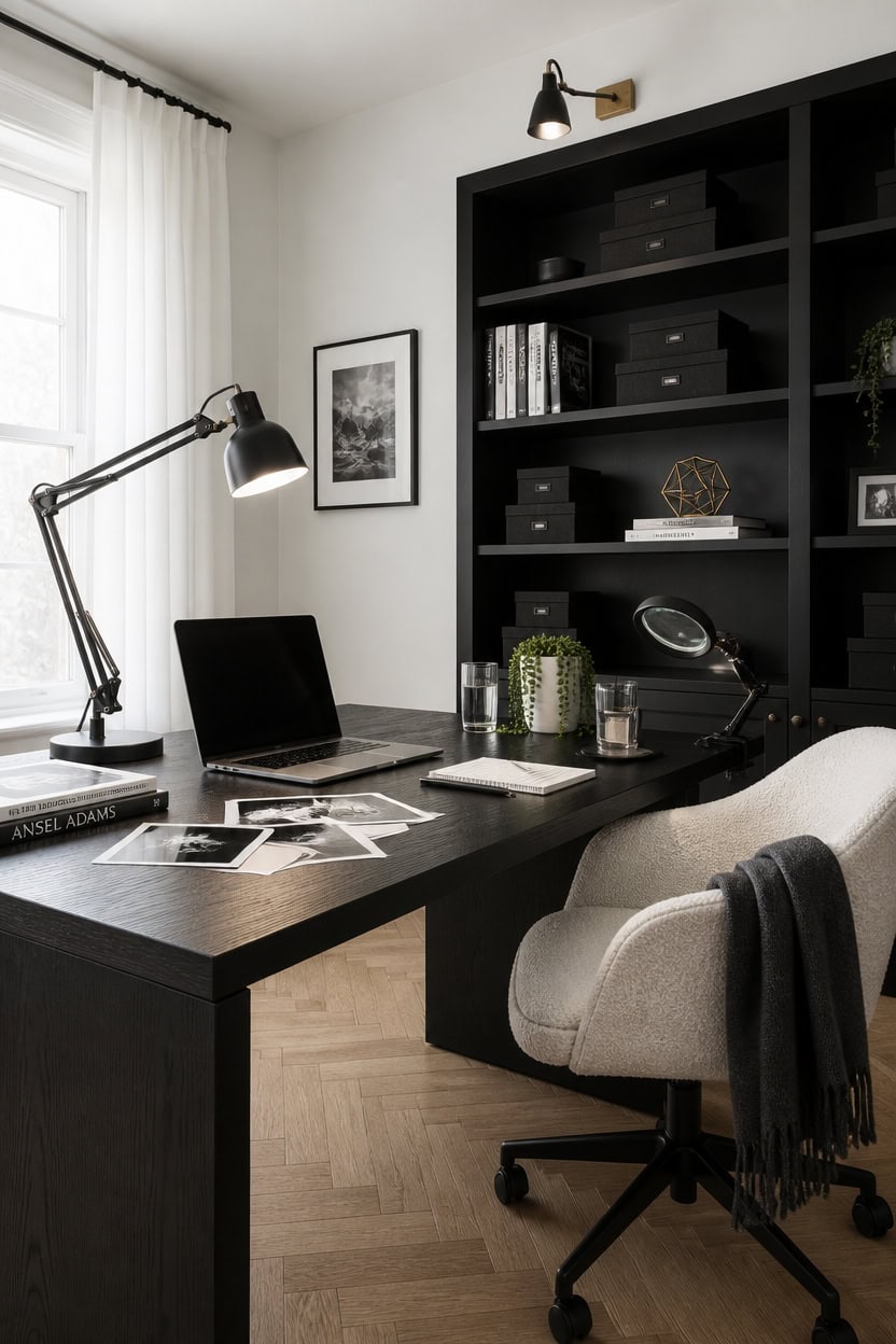 Contemporary home office with black desk, bookshelf, and ergonomic chair.