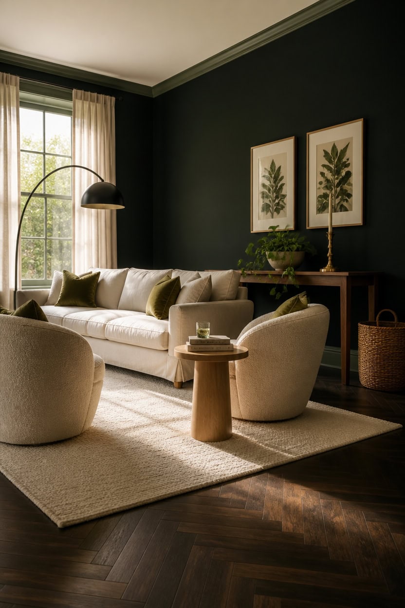 Stylish living room with beige sofa, armchair, and dark green accent wall.