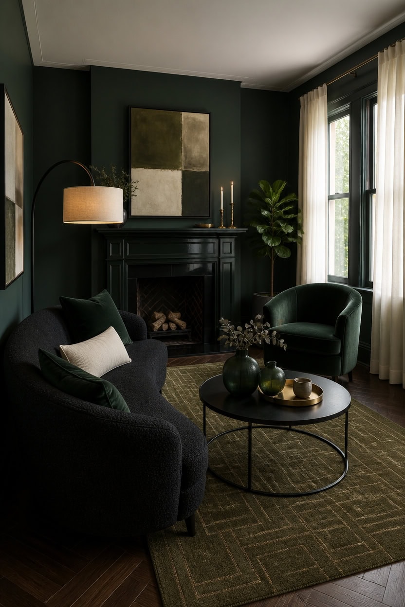 Cozy living room with dark green walls, modern furniture, and natural light from large windows.