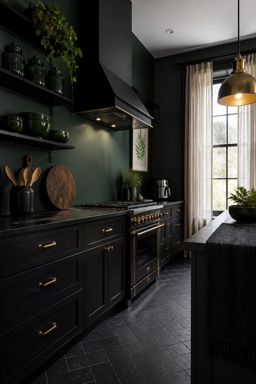 Stylish black kitchen with gold fixtures, open shelving, and natural light.