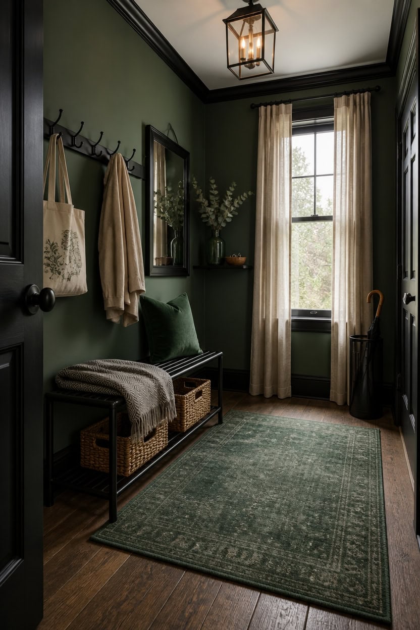 Cozy entryway with green walls, window, and decorative accents.