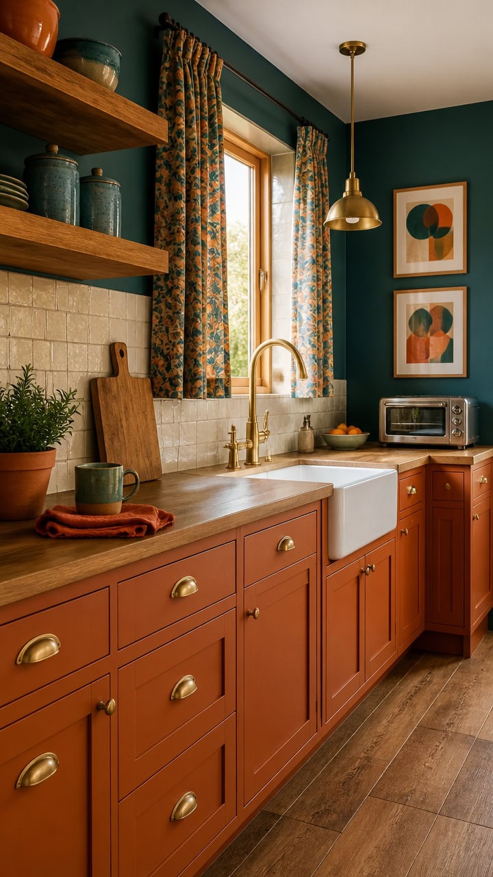 Cozy kitchen with teal walls, wooden cabinets, and gold accents.