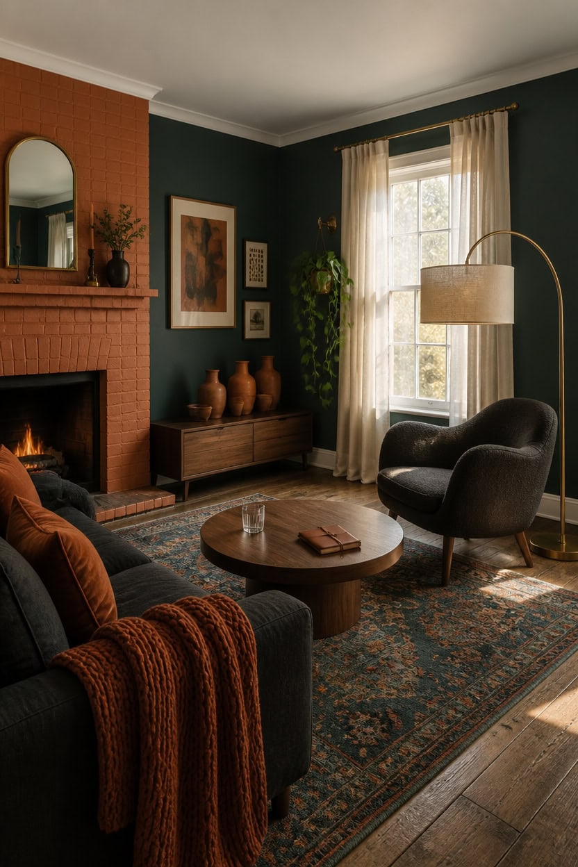 Stylish living room with fireplace, armchair, and large window with curtains.