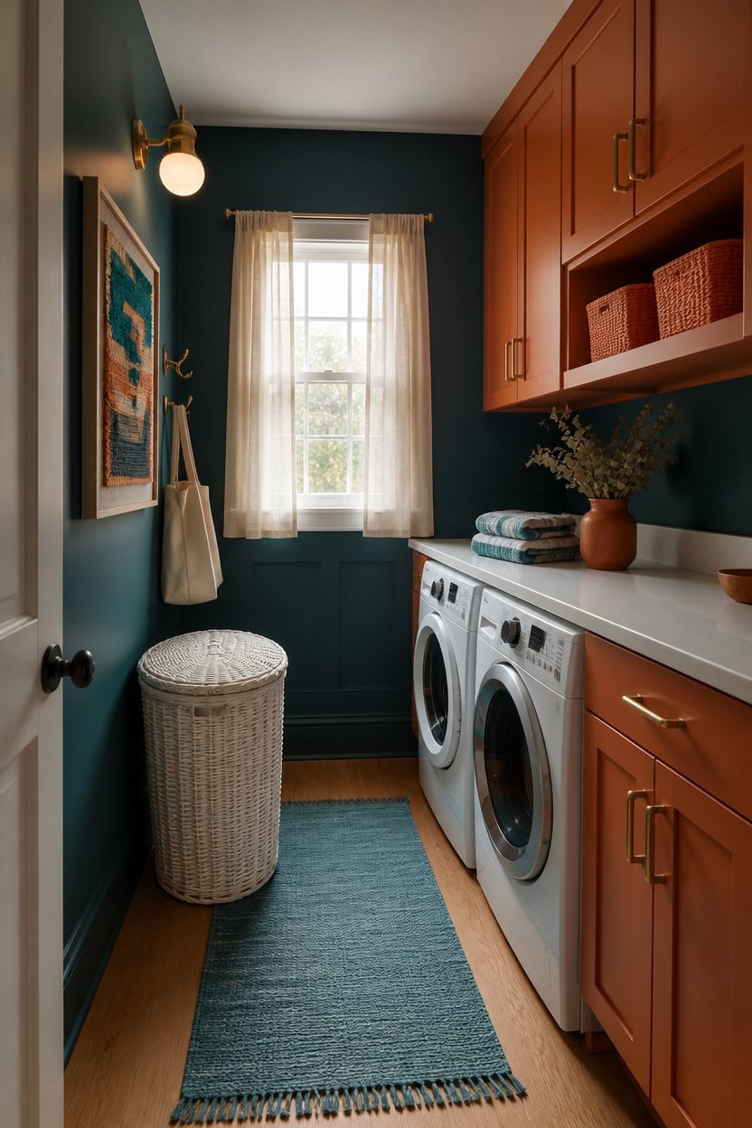 Cozy laundry room with washer, dryer, and storage cabinets in a colorful space.
