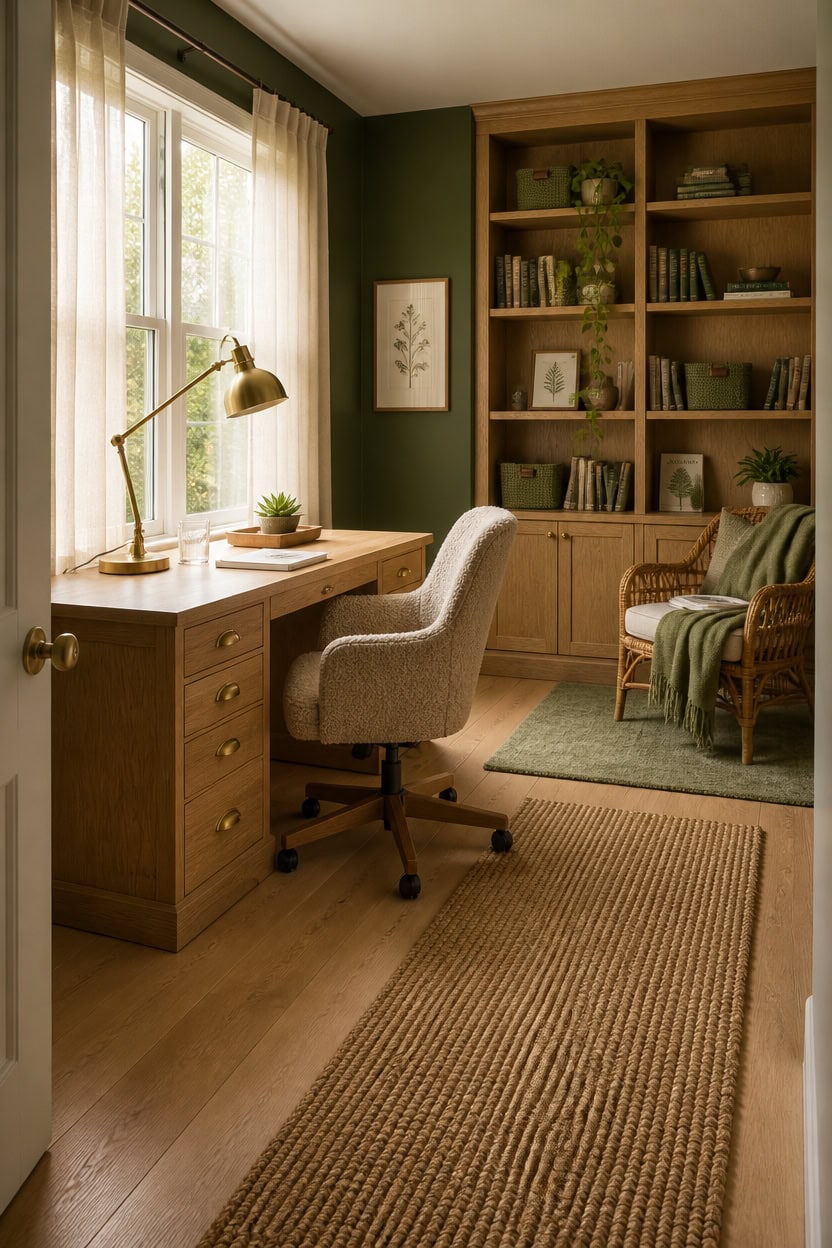 Bright home office with wooden desk, bookshelf, and comfortable chair.