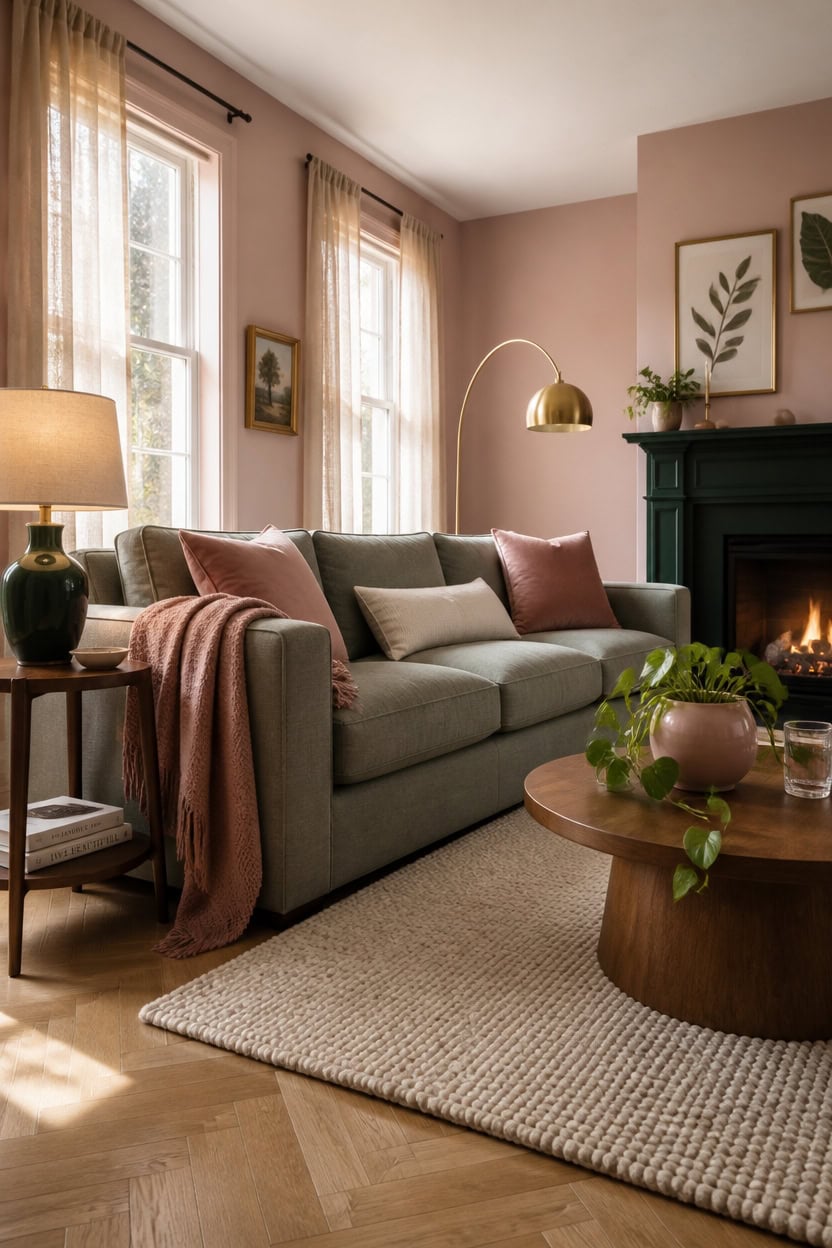 Bright living room with sofa, fireplace, and large windows with curtains.