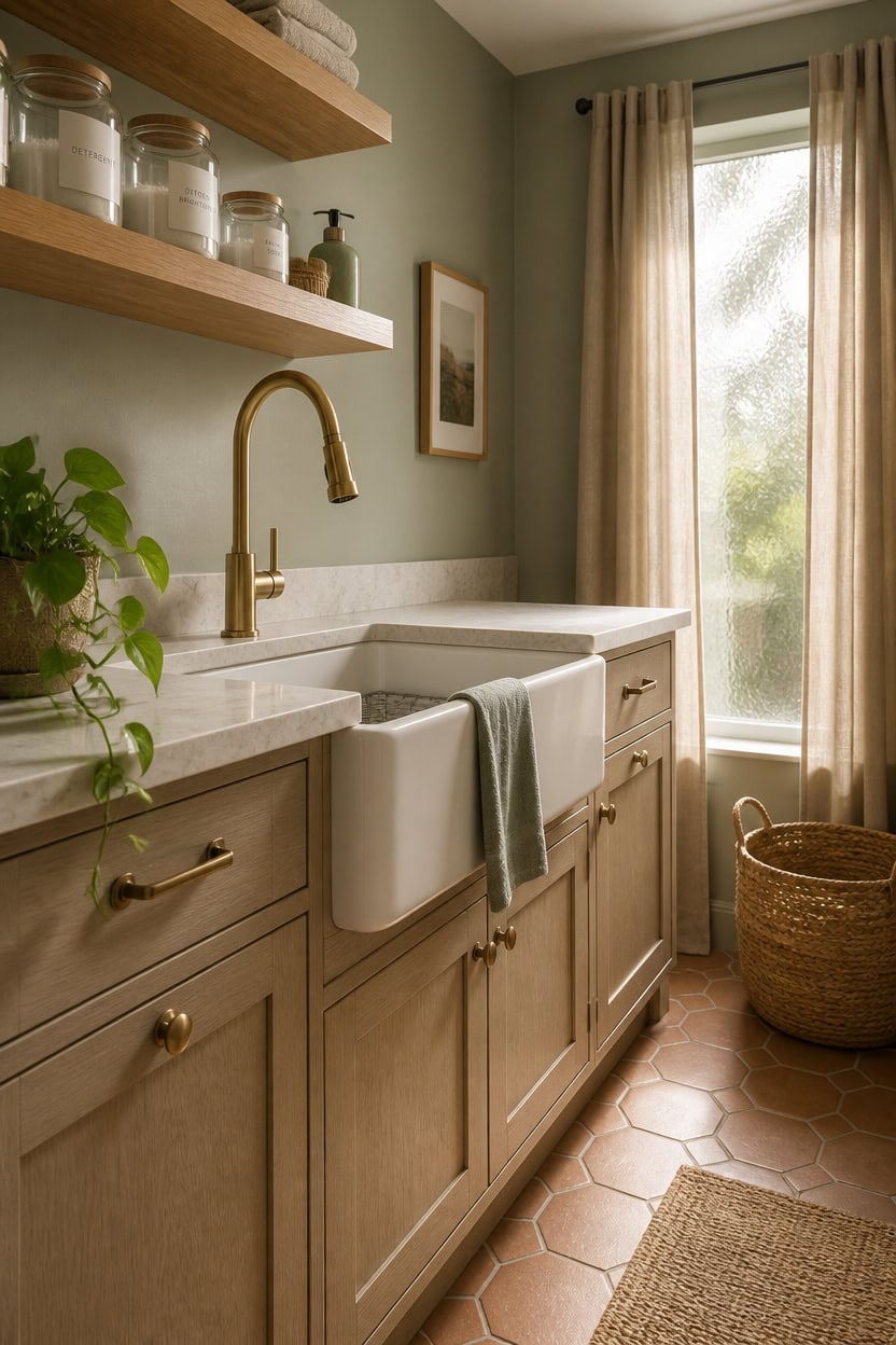 Bright kitchen with farmhouse sink, green walls, and open shelving.