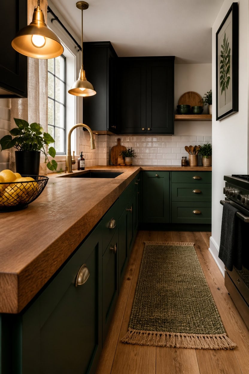 Stylish kitchen with green cabinets, gold pendant lights, and wooden countertops.