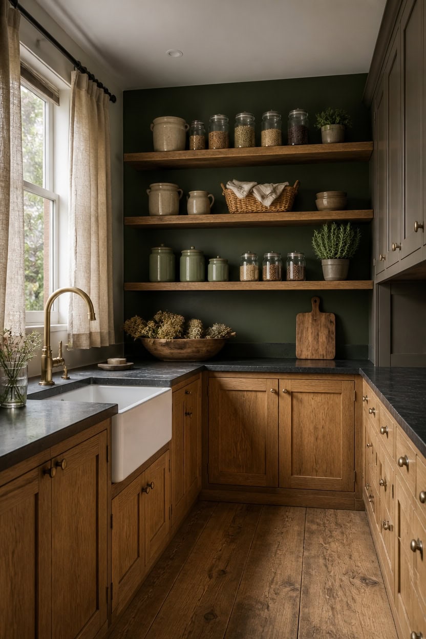 Charming kitchen with wooden cabinets, open shelves, and a farmhouse sink.