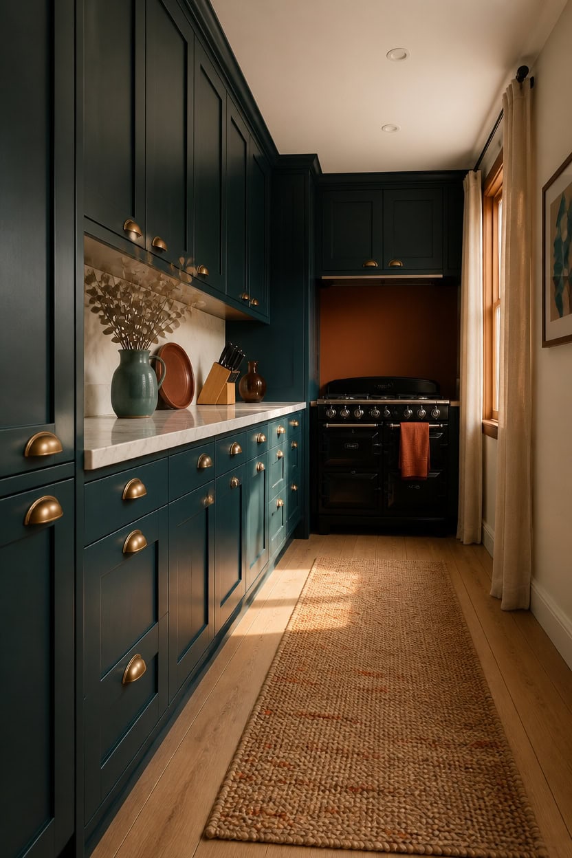 Stylish kitchen with dark green cabinets, marble countertop, and natural light.