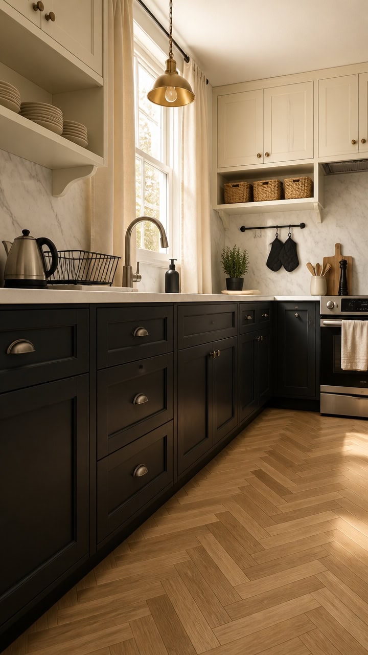 Stylish kitchen with black lower cabinets, white upper cabinets, and wooden flooring.