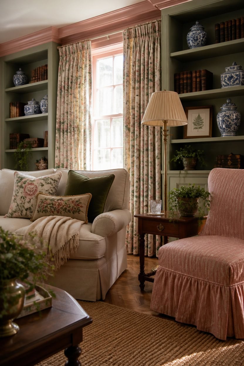 Elegant living room with floral curtains, vintage books, and cozy furniture.