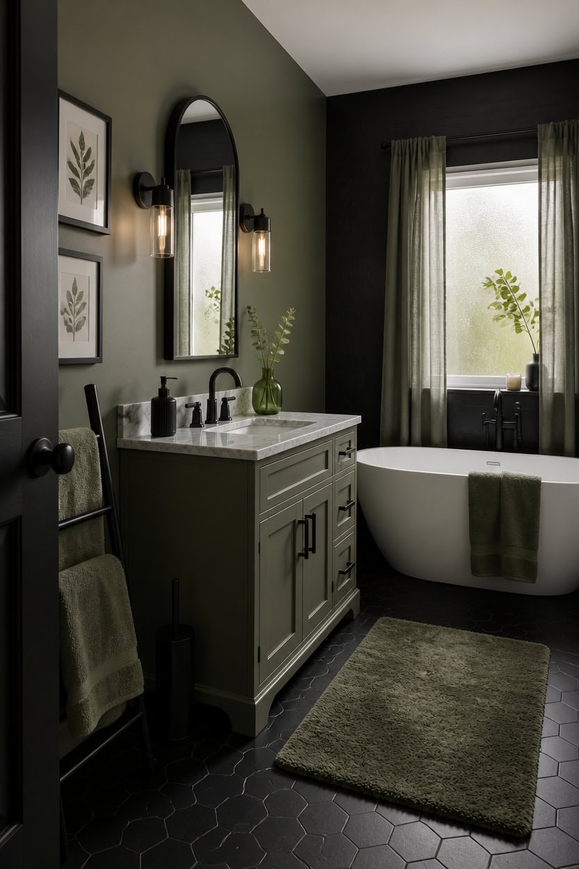 Elegant bathroom with green walls, white vanity, and freestanding bathtub.
