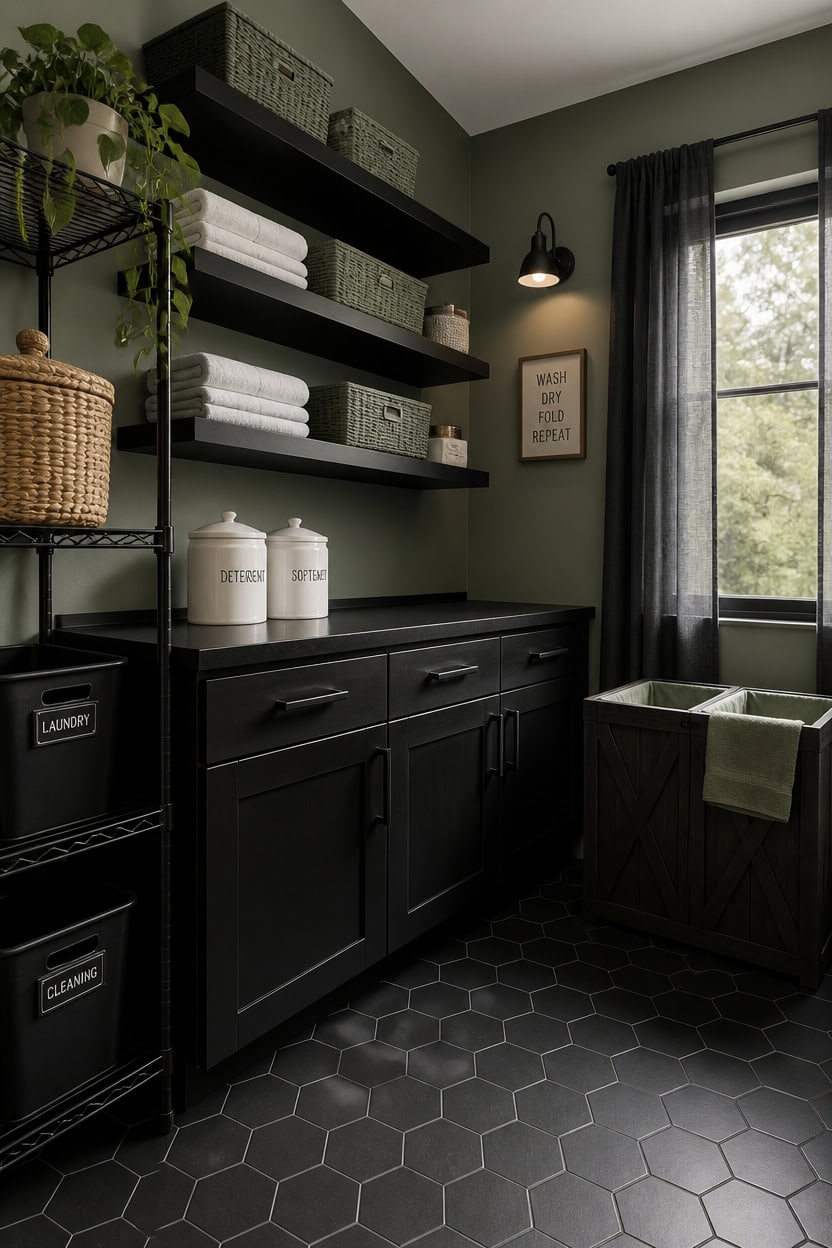 Stylish laundry room with black cabinets, open shelves, and hexagon tile flooring.