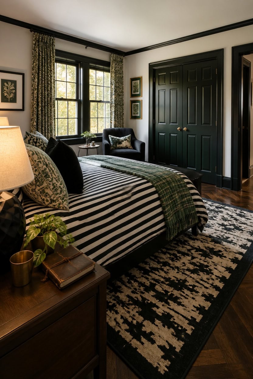 Cozy bedroom with dark green closet doors, patterned curtains, and black-and-white bedding.