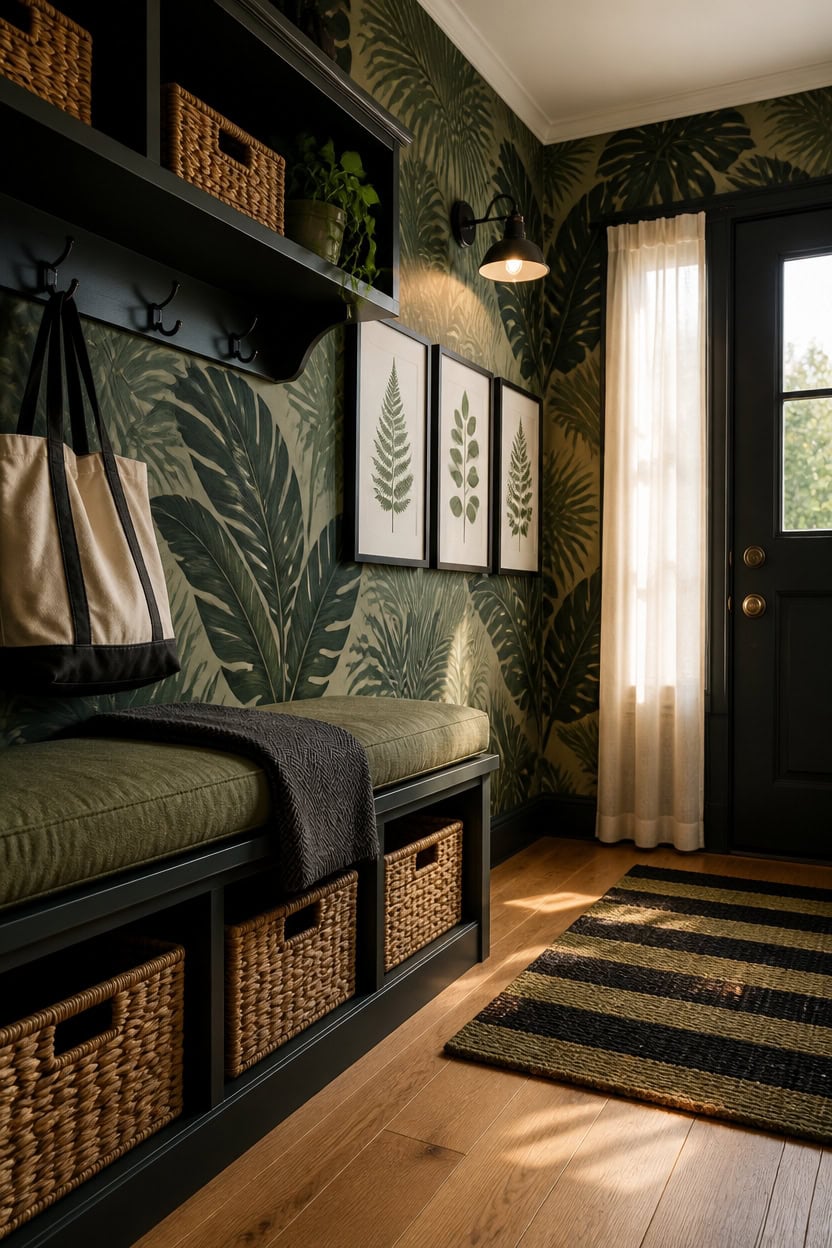 Charming entryway with botanical wallpaper, bench, and woven baskets for storage.