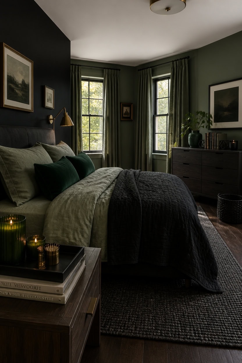 Elegant bedroom with dark green walls, large windows, and stylish decor.