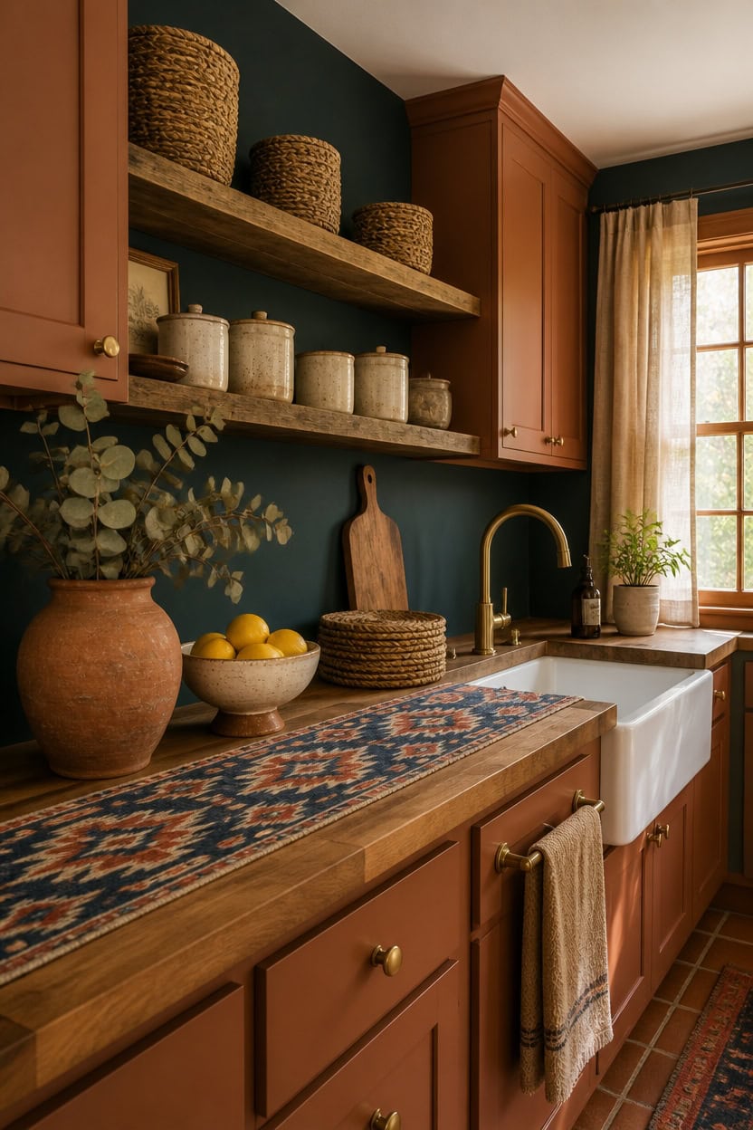 Charming kitchen with wooden cabinets, open shelves, and farmhouse sink.