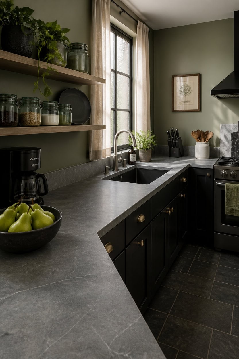 Contemporary kitchen with green walls, black cabinets, and open shelves with jars and plants.