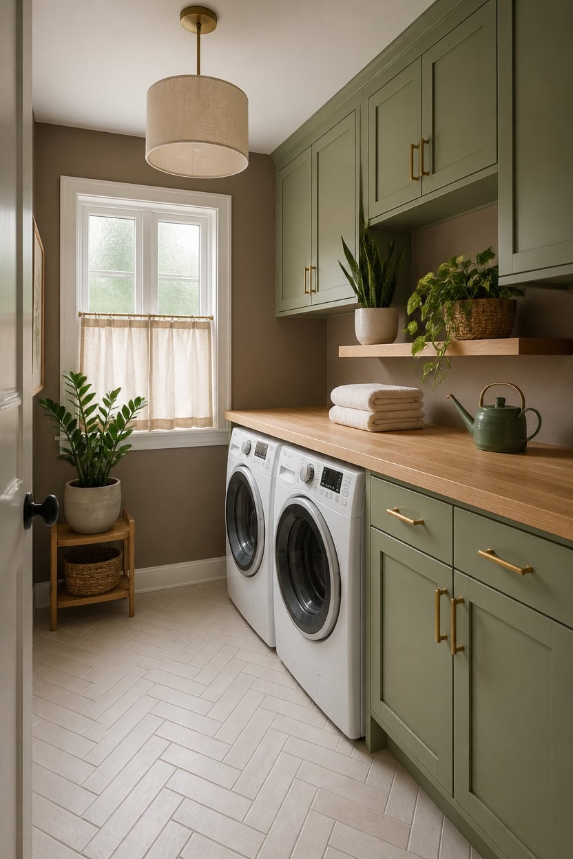 Bright laundry room with green cabinets, washer, and natural light from window.