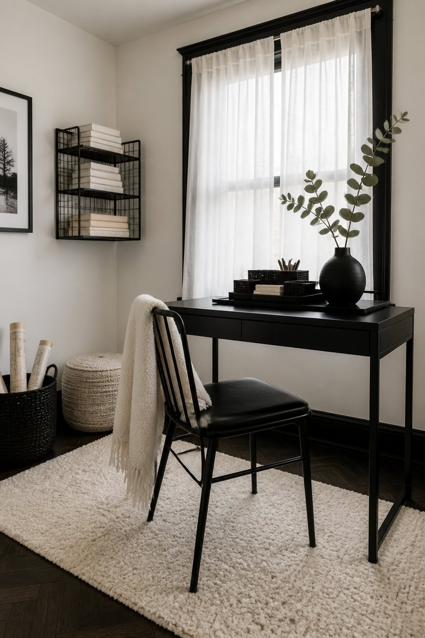 Stylish home office with black desk, white curtains, and decorative plants.