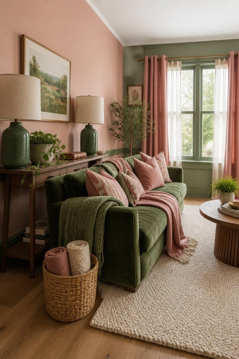 Stylish living room with pink curtains, green sofa, and decorative plants.