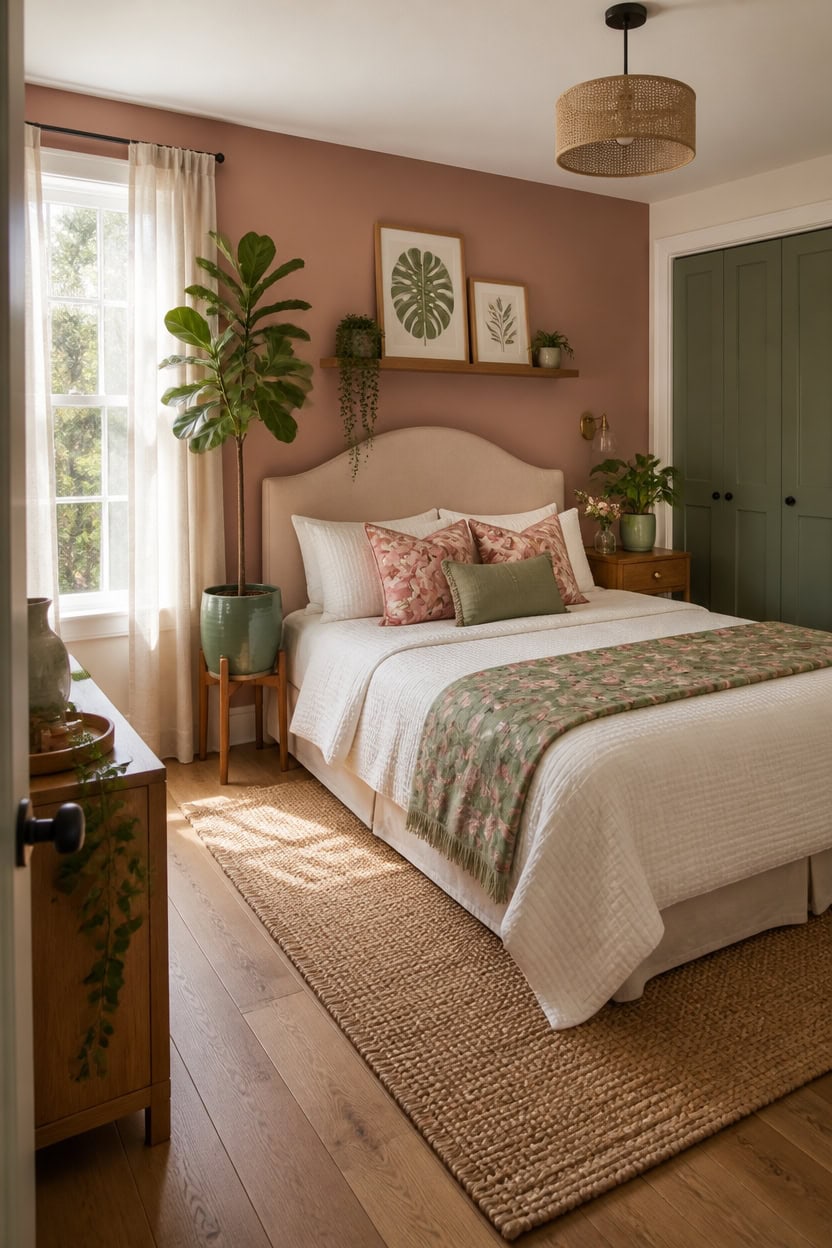 Beautiful bedroom with a large bed, green plants, and natural light.