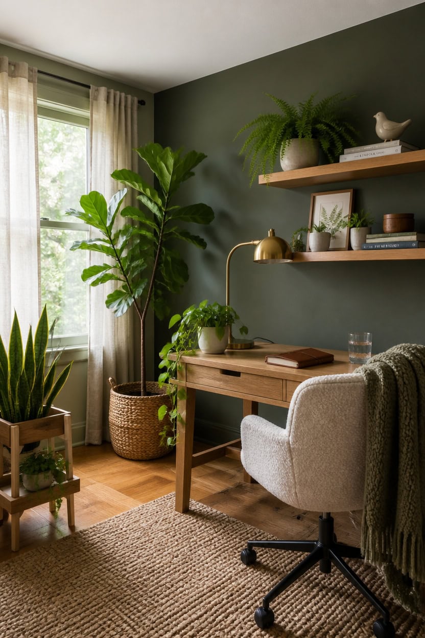 Home office with green wall, plants, and wooden desk for productivity.