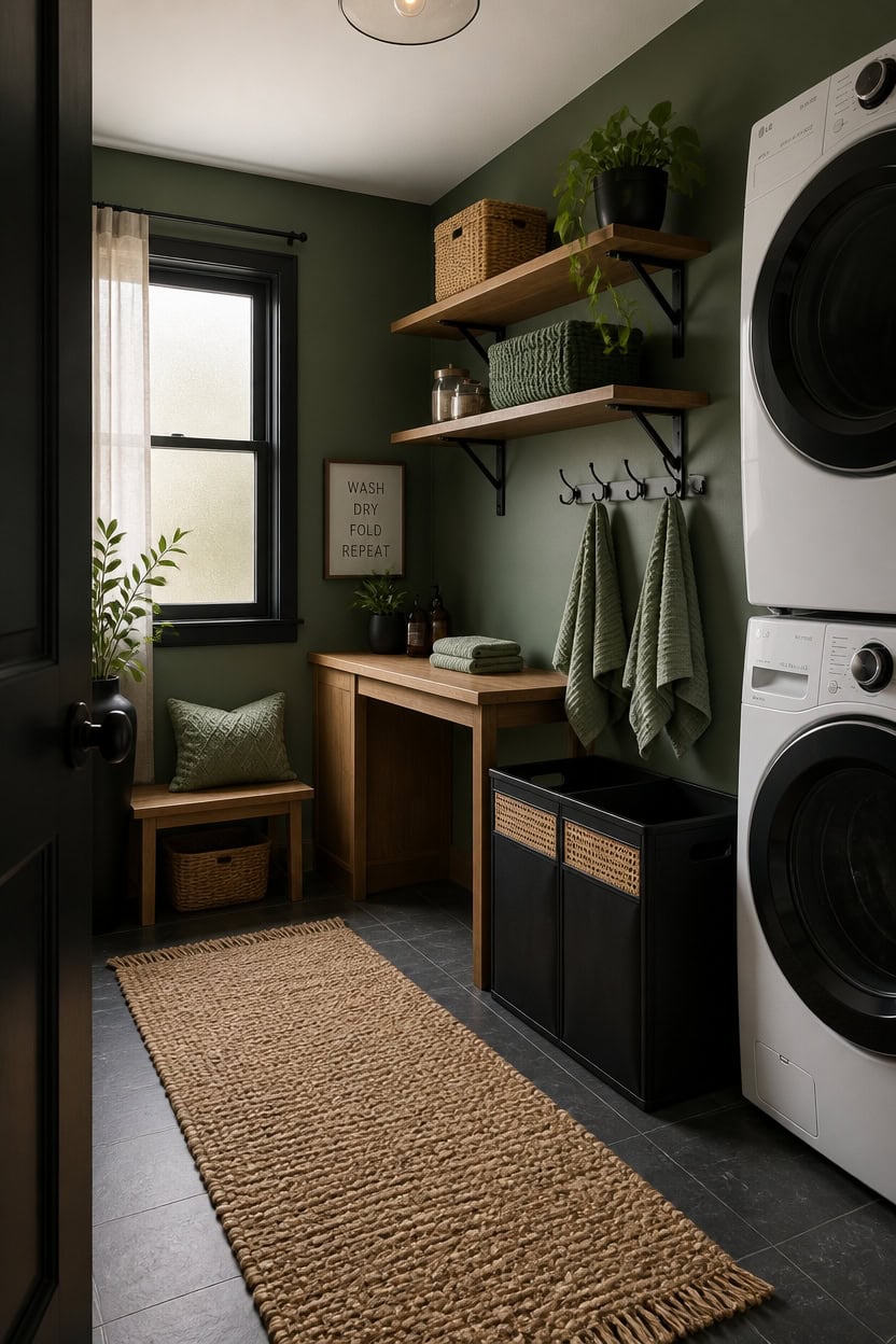 Cozy laundry room with washer, dryer, and green decor accents.