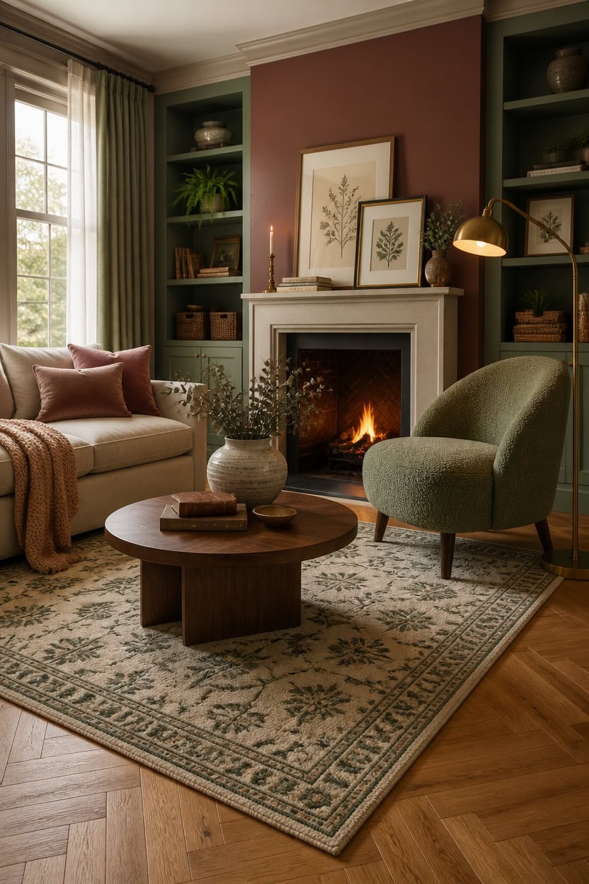 Elegant living room with fireplace, green armchair, and built-in bookshelves.