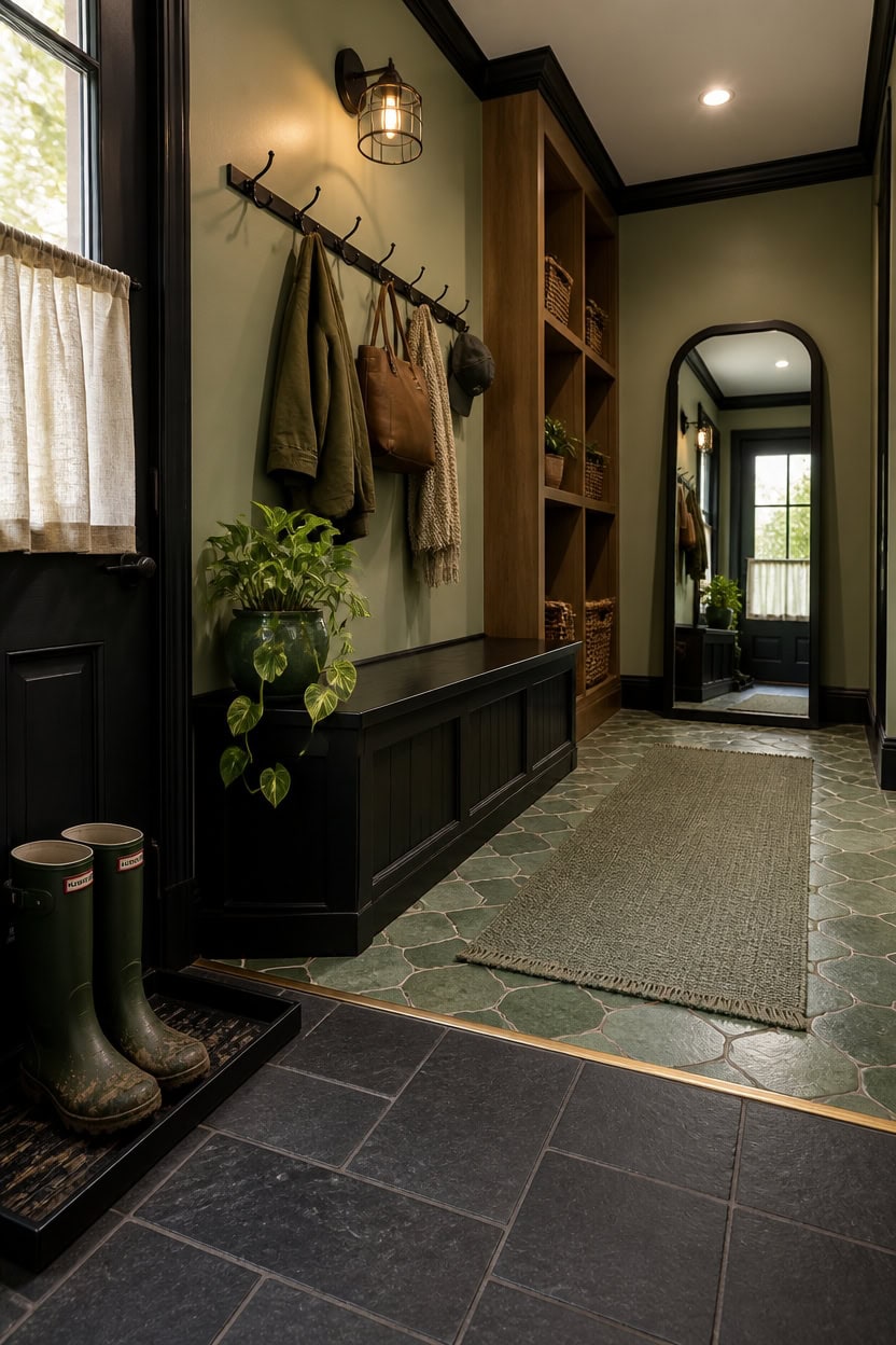 Elegant entryway with coat hooks, plants, and a mirror in a modern apartment.