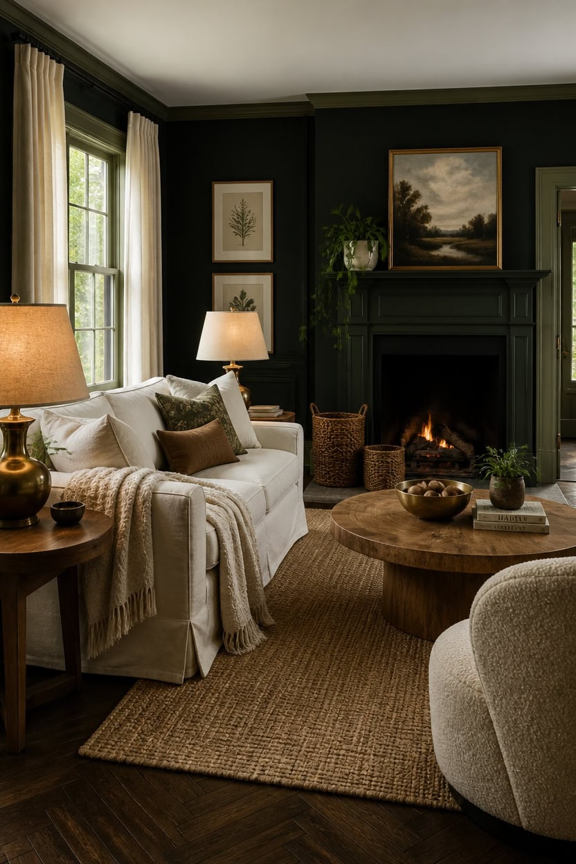 Elegant living room with fireplace, sofa, armchair, and decorative art.