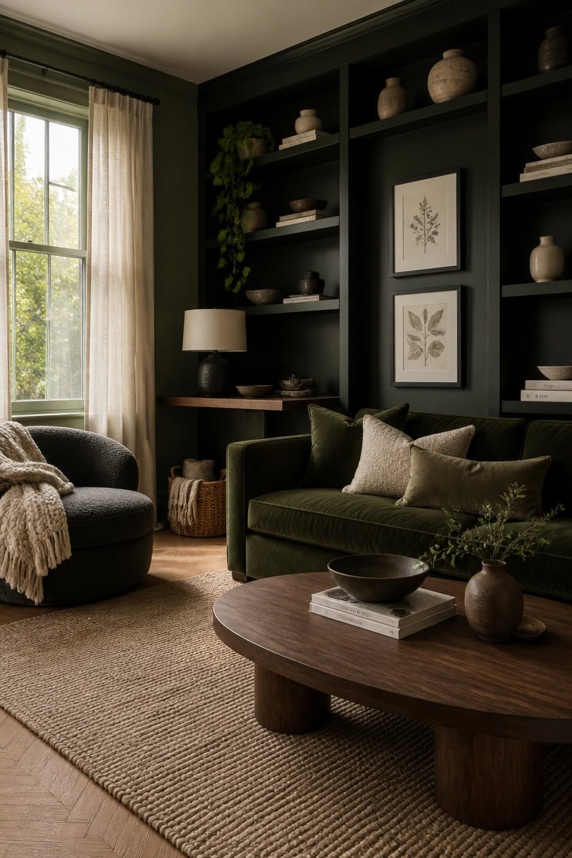 Stylish living room with dark green sofa, built-in shelves, and natural light.