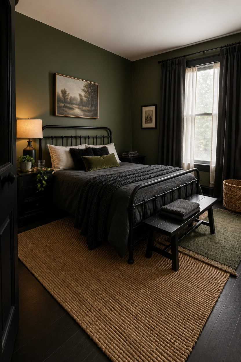 Cozy bedroom with dark green walls, black furniture, and natural light from window.