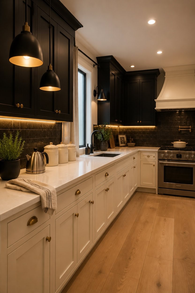 Stylish kitchen with black upper cabinets, white lower cabinets, and warm lighting.