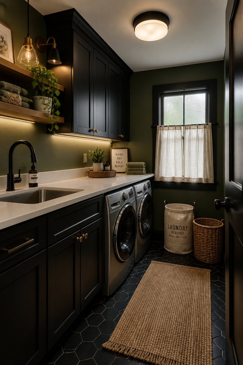 Stylish laundry room with dark cabinetry, washer and dryer, and natural light from window.
