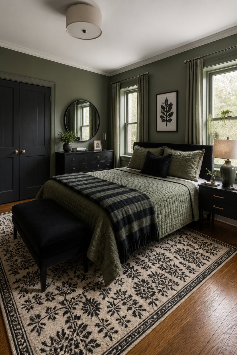 Stylish bedroom with green walls, black furniture, and natural light from windows.