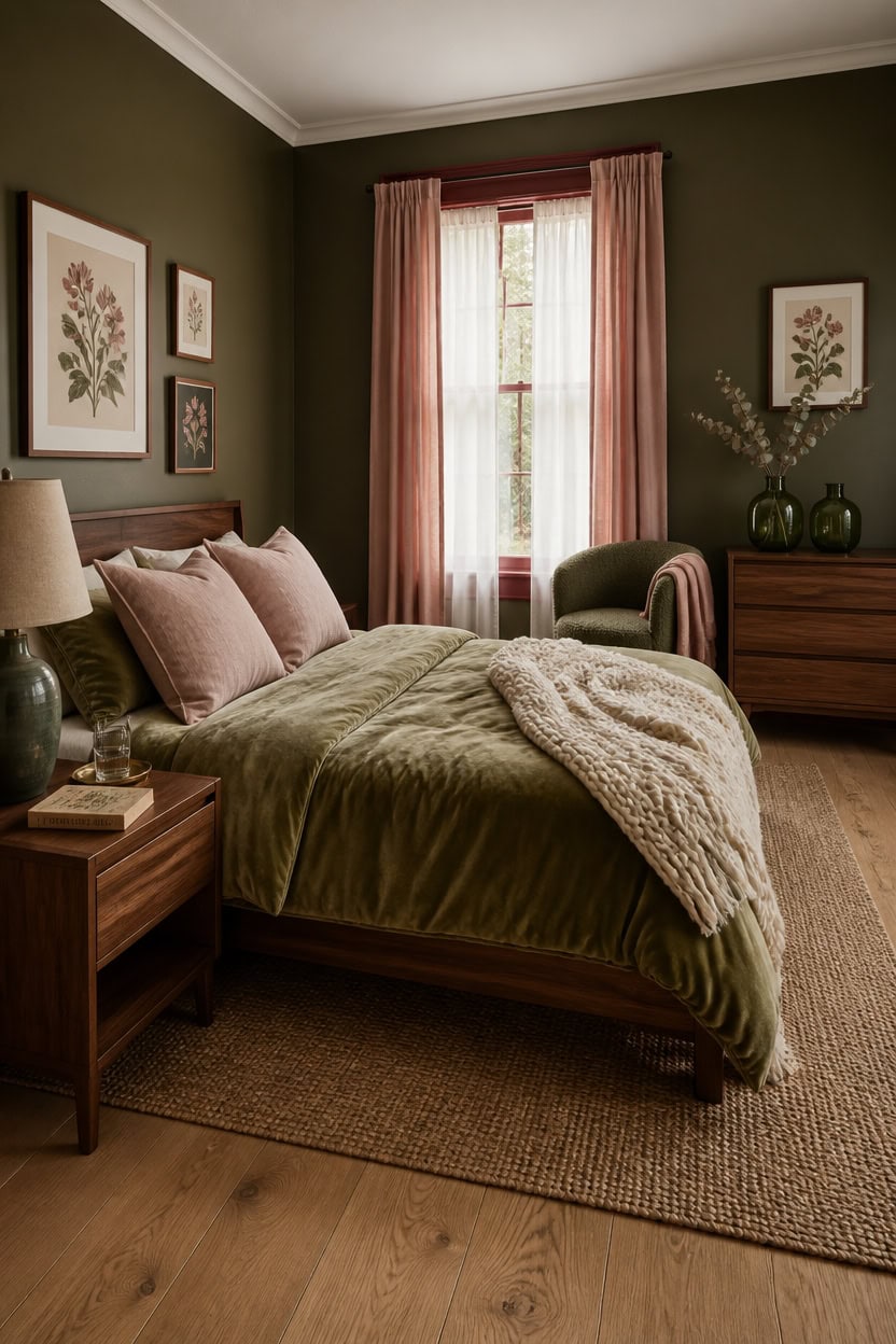 Elegant bedroom with green walls, pink curtains, and stylish furniture.