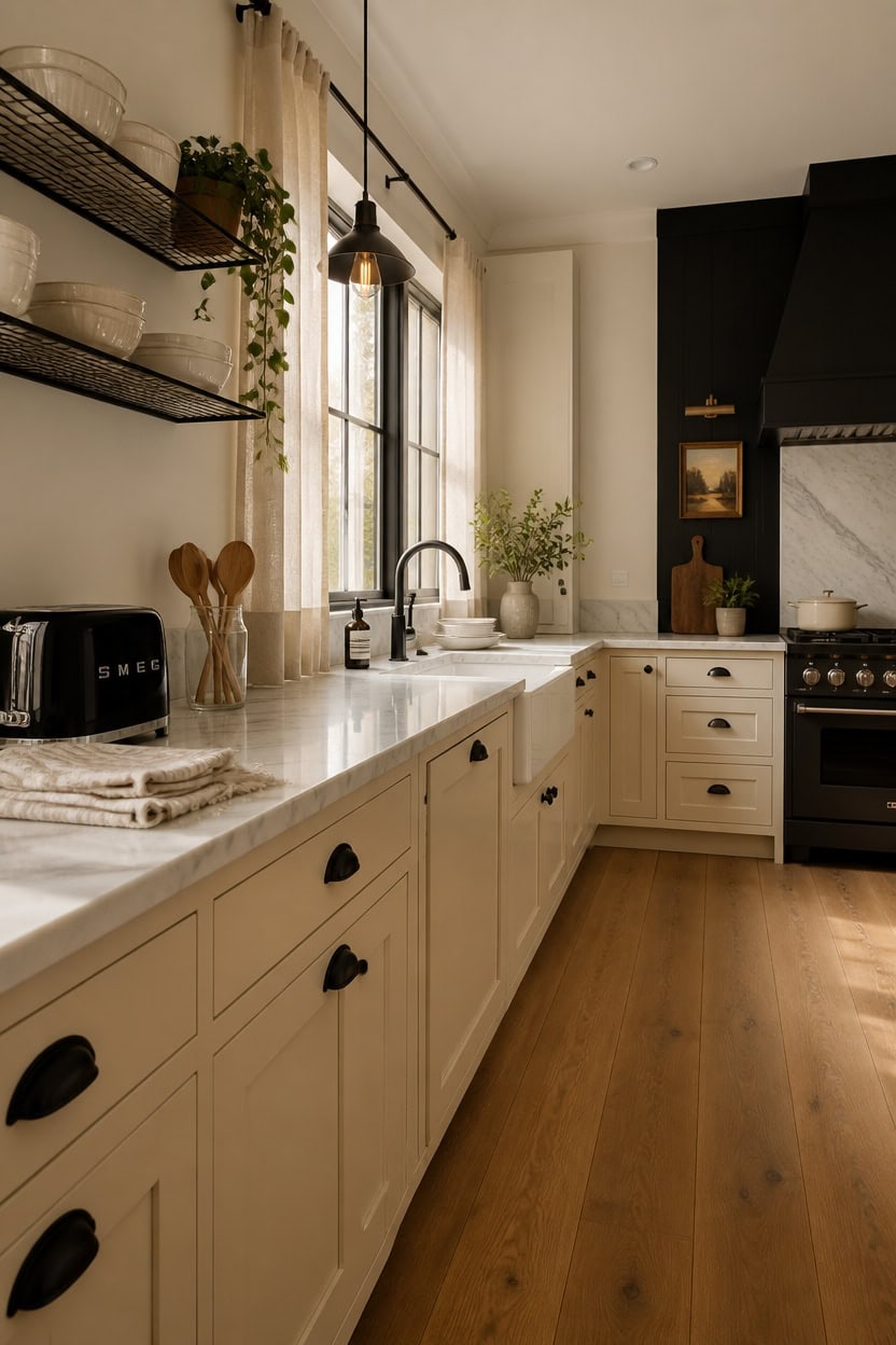 Bright kitchen with white cabinets, black hardware, and wooden flooring.