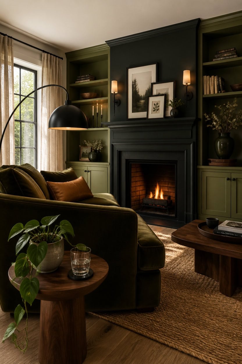 Elegant living room with fireplace, green walls, and stylish decor.