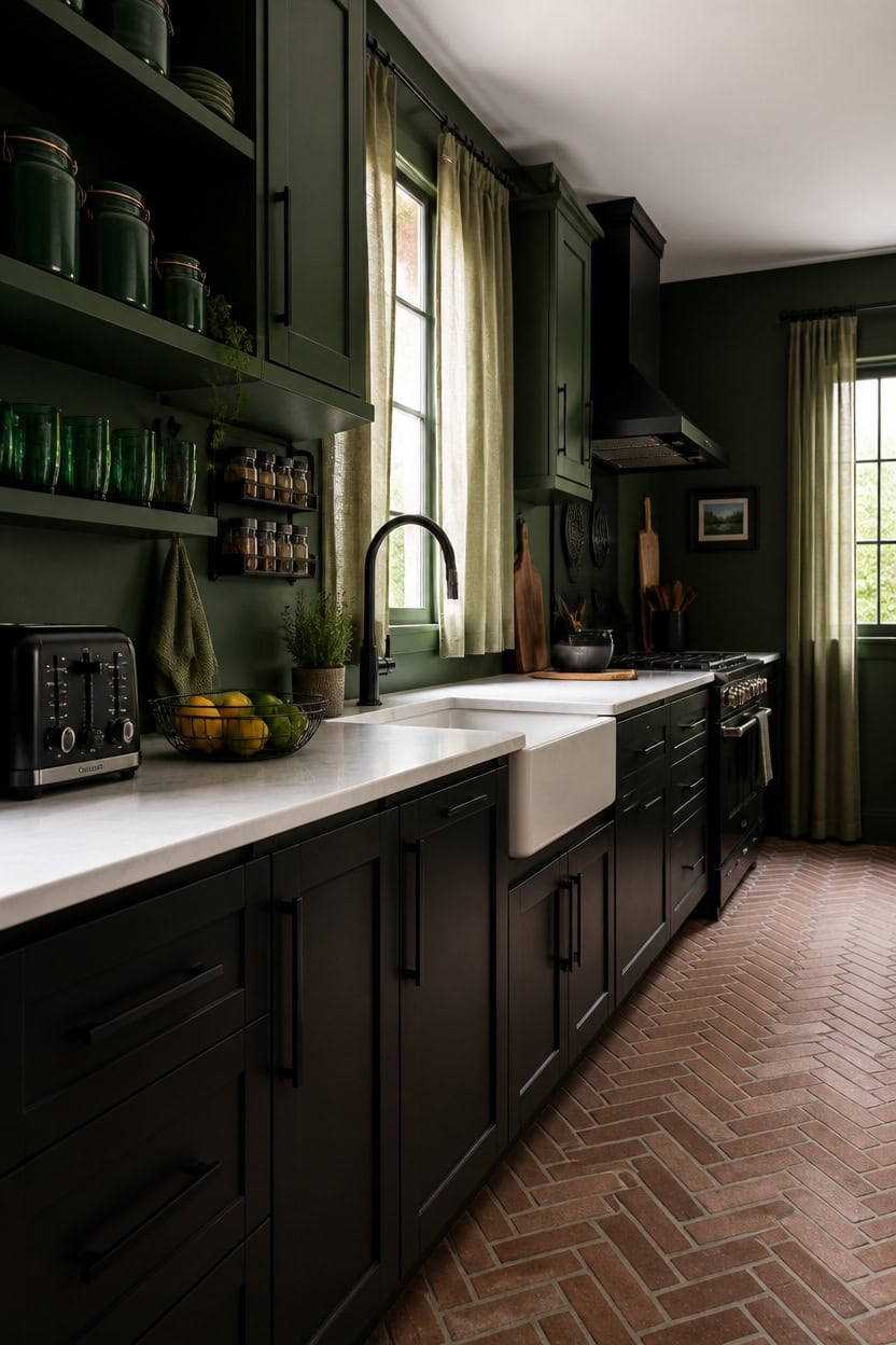 Stylish green kitchen with black cabinets, white countertop, and large windows.
