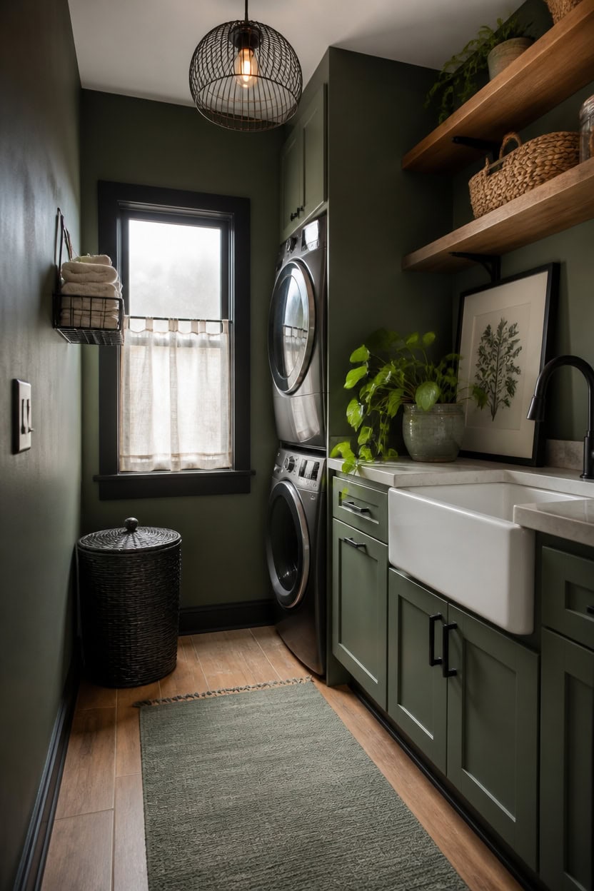 Cozy laundry room with green cabinets, washer, dryer, and open wooden shelves.