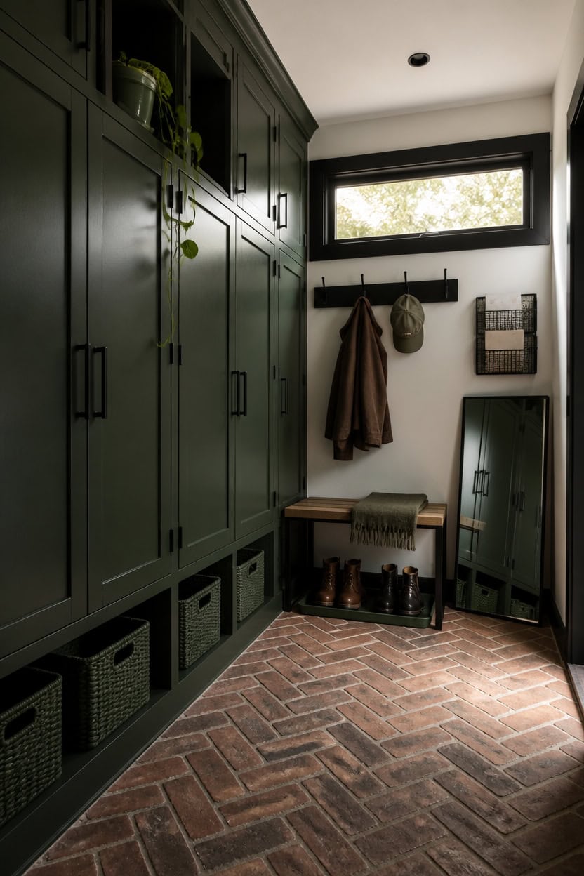 Stylish green storage cabinet in entryway with hooks and mirror.