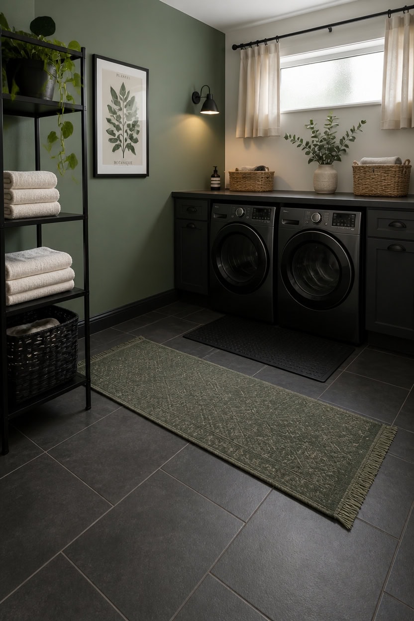 Laundry room with black washer and dryer, green wall, and natural light.
