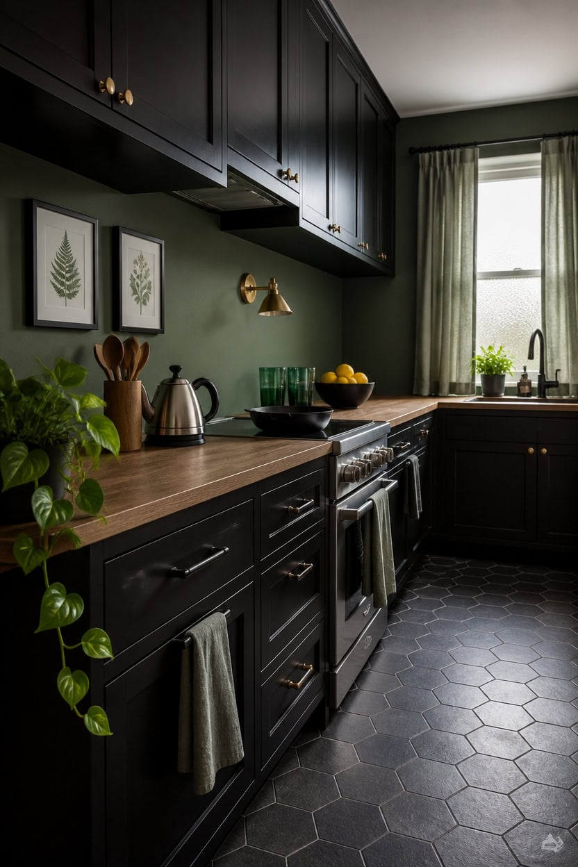 Stylish kitchen with dark cabinets, green walls, and natural light from window.