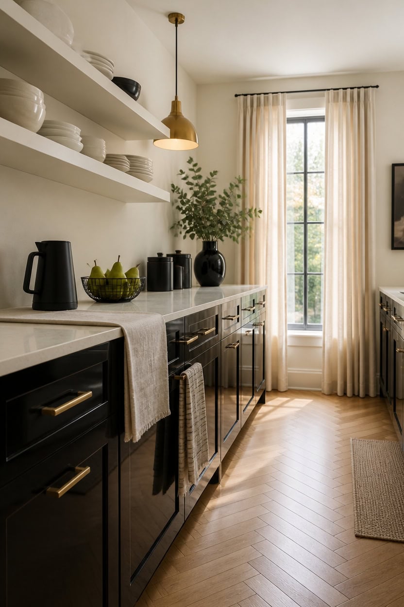 Bright modern kitchen with black cabinets, open shelves, and large window.
