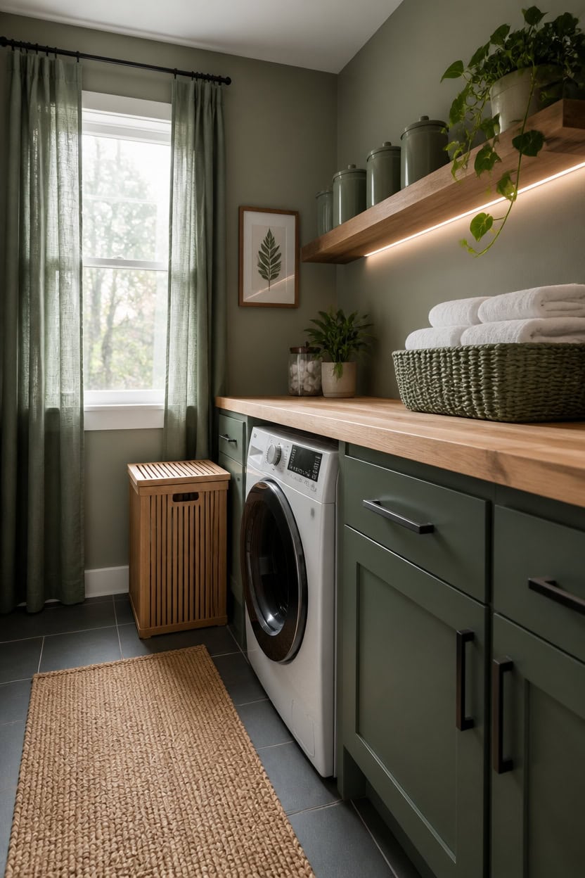 Cozy laundry room with green cabinets, washer, and natural light from window.